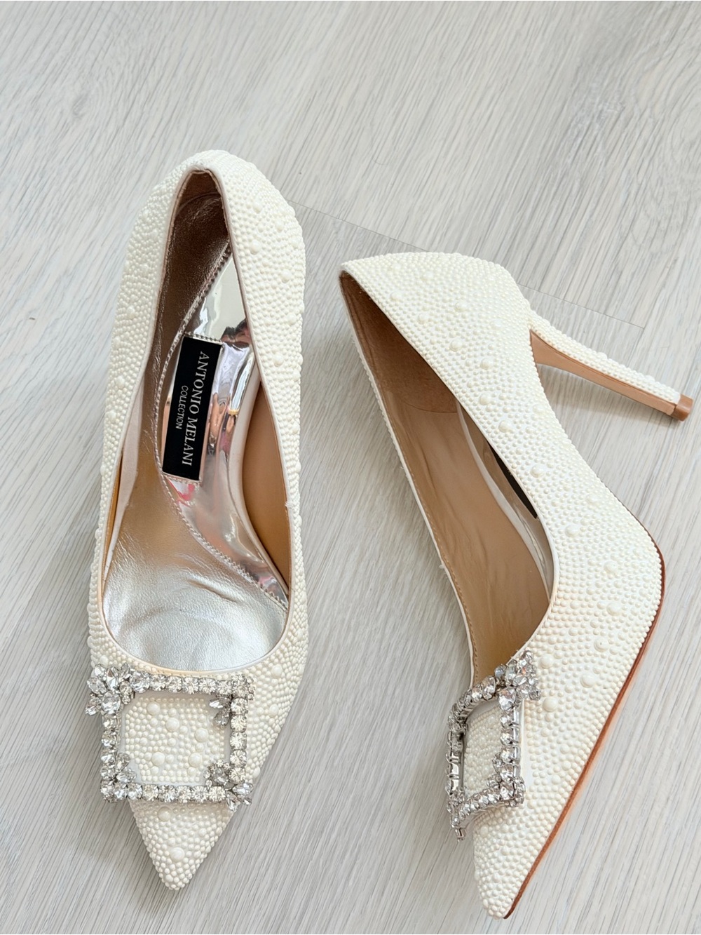 ANTONIO MELANI Ivory Beaded Pointed Toe Pumps with Rhinestone Buckle